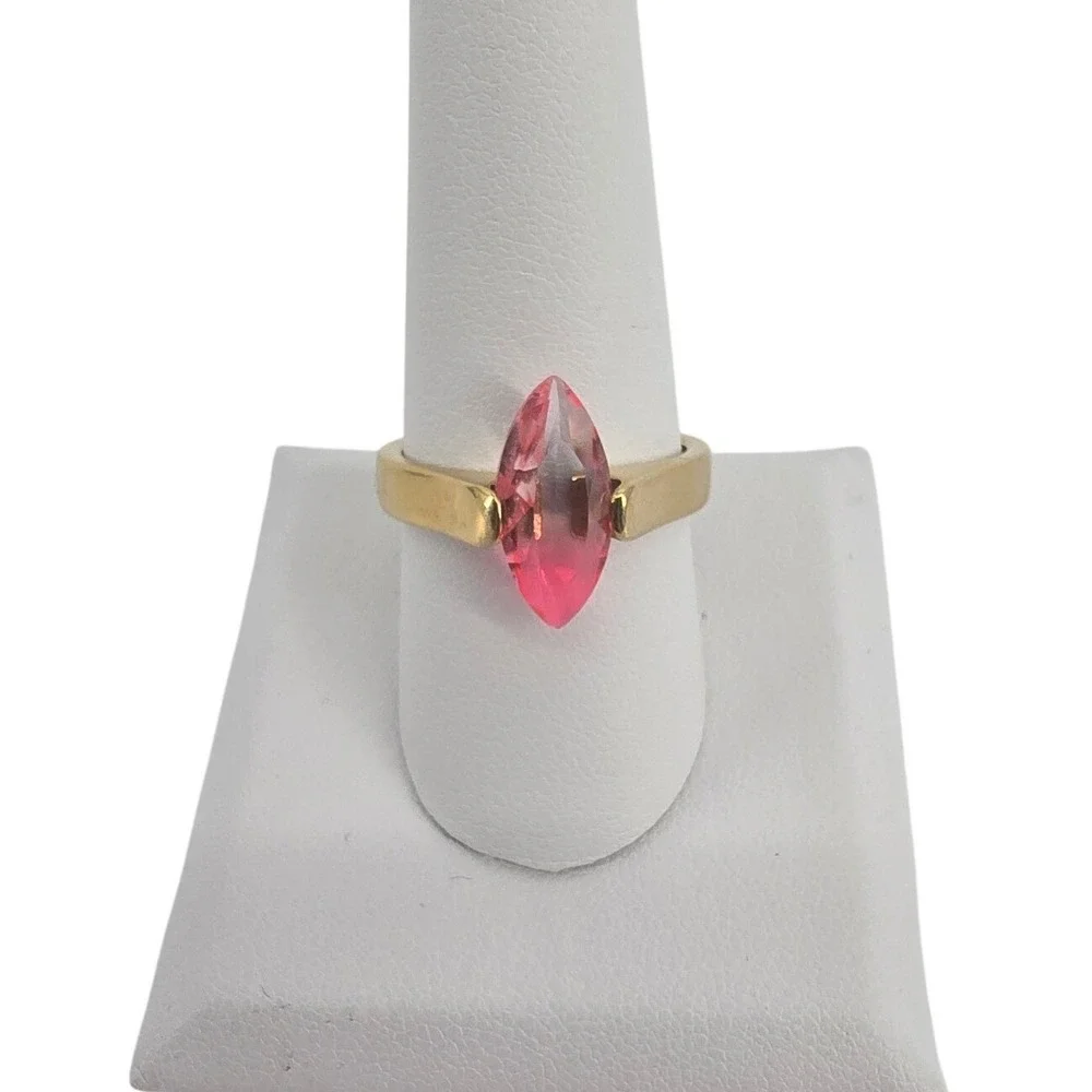 Ring Women Size 9.25 Marquise Pink Stone Gold Tone Solitaire EUC